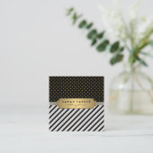 Faux Linen Black Stripes Polka Dots Vierkante Visitekaartje (Staand voorkant)