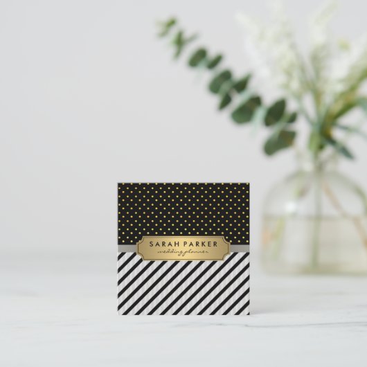 Faux Linen Black Stripes Polka Dots Vierkante Visitekaartje (Staand voorkant)