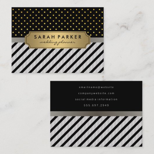 Faux Linen Black Stripes Polka Dots Visitekaartje (Voorkant / Achterkant)