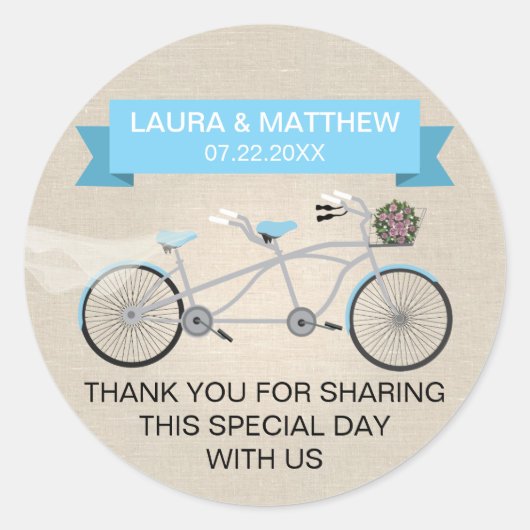 Faux Linen Blue Tandem Bicycle Wedding Ronde Sticker (Voorkant)