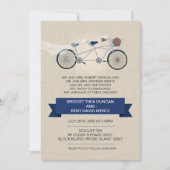 Faux Linen Dark Blue Tandem Bicycle Wedding Kaart (Voorkant)