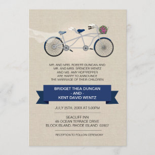 Faux Linen Dark Blue Tandem Bicycle Wedding Kaart