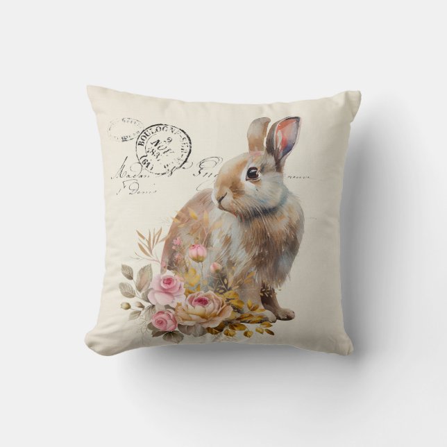 Faux linen franse Bunny met rozen Kussen (Voorkant)