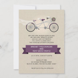 Faux Linen Plum Tandem Bicycle Wedding Kaart