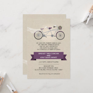 Faux Linen Plum Tandem Bicycle Wedding Kaart