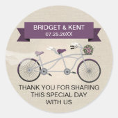 Faux Linen Plum Tandem Bicycle Wedding Ronde Sticker (Voorkant)