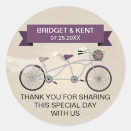 Faux Linen Plum Tandem Bicycle Wedding Ronde Sticker