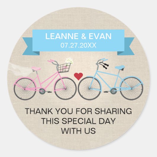 Faux linnen blauwe fiets bruiloft ronde sticker (Voorkant)