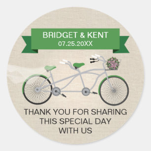 Faux linnen groene tandem fiets bruiloft ronde sticker