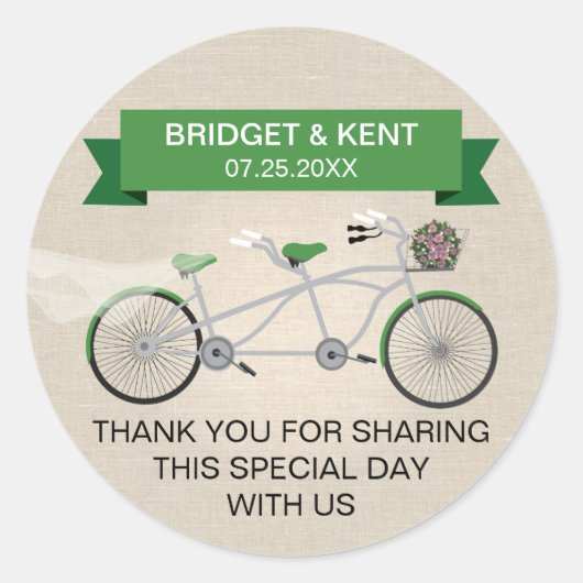 Faux linnen groene tandem fiets bruiloft ronde sticker (Voorkant)