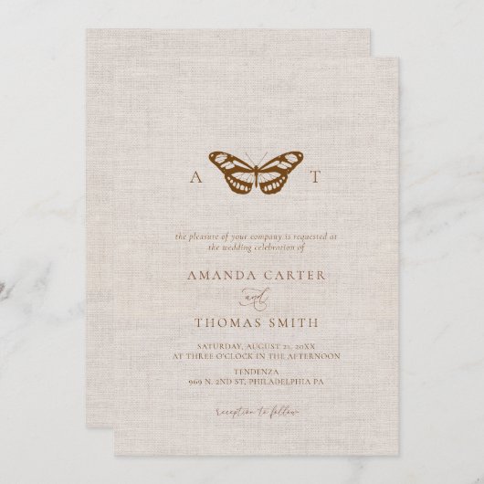 Faux linnen vlinder monogram chique bruiloft kaart (Voorkant / Achterkant)
