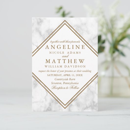 Faux Marble and Copper Geometric Wedding Invite Kaart (Staand voorkant)