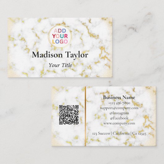 Faux Marble & Gold QR Code Visitekaartje met Logo (Voorkant / Achterkant)