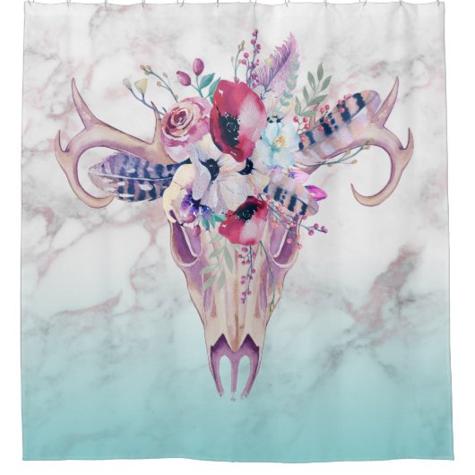 Faux Marble Ombre & Kleurrijke Boho schedel Douchegordijn (Voorkant)