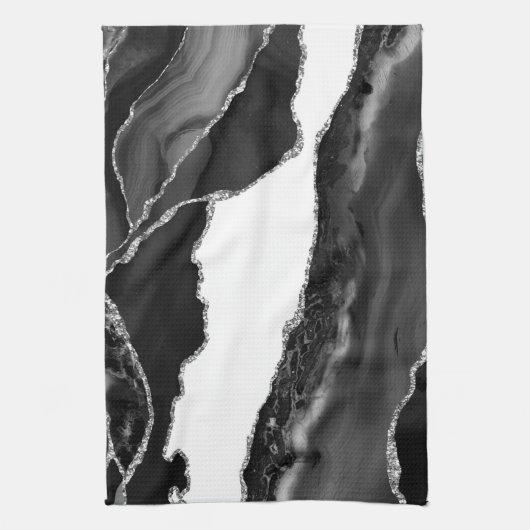 Faux Marbling Agate Black White Trendy Modern Ston Theedoek (Verticaal)