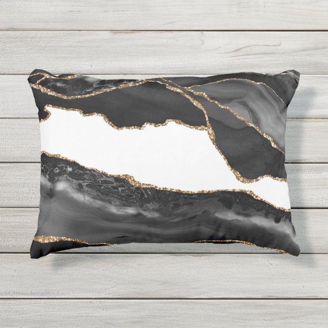 Faux Marked Agate Black Stone Luxe Buitenkussen (Voorkant)