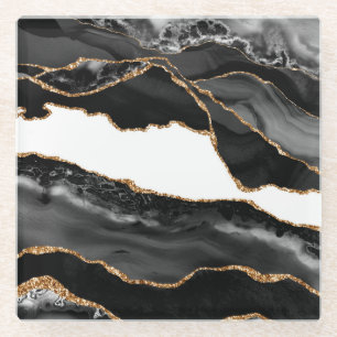 Faux Marked Agate Black Stone Luxe Glazen Onderzetter
