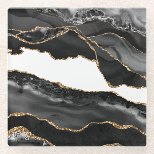 Faux Marked Agate Black Stone Luxe Glazen Onderzetter (Voorkant)