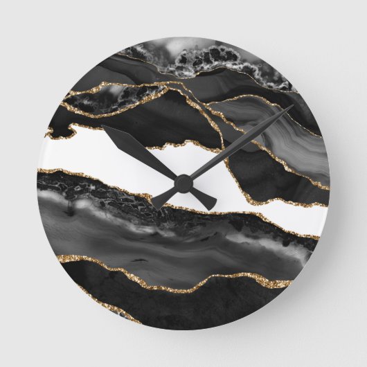 Faux Marked Agate Black Stone Luxe Ronde Klok (Voorkant)