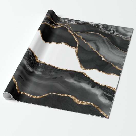 Faux Marked Agate Black Stone Luxury Gold Cadeaupapier (Uitgerold)