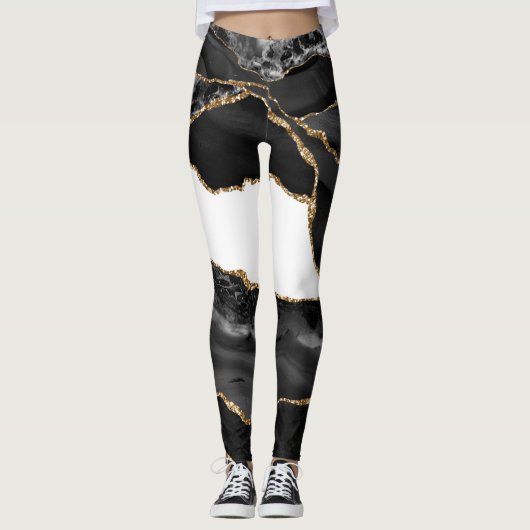 Faux Marked Agate Black Stone Luxury Gold Leggings (Voorkant)