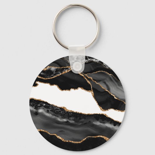 Faux Marked Agate Black Stone Luxury Gold Sleutelhanger (Voorkant)