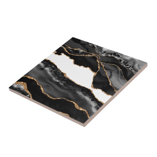 Faux Marked Agate Black Stone Luxury Gold Tegeltje (Zijkant)
