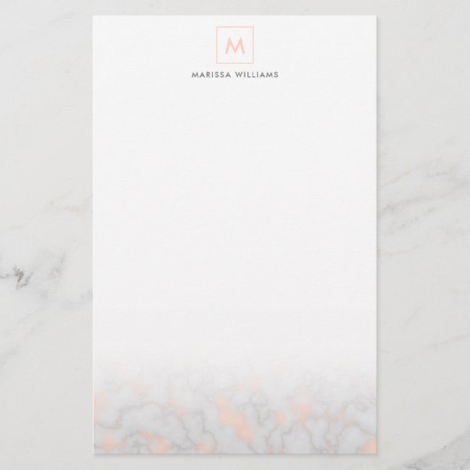 Faux Marmer en Roos Gold Texture Monogrammen Briefpapier (Voorkant)