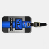 Faux Metal Blue Black Grey Monogram Bagagelabel (Voorkant horizontaal)