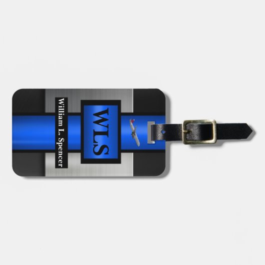 Faux Metal Blue Black Grey Monogram Bagagelabel (Voorkant horizontaal)