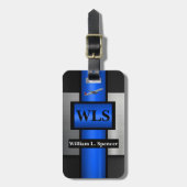 Faux Metal Blue Black Grey Monogram Bagagelabel (Voorkant verticaal)