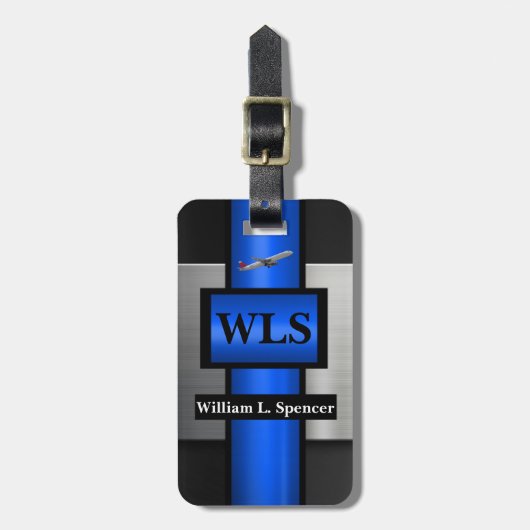 Faux Metal Blue Black Grey Monogram Bagagelabel (Voorkant verticaal)