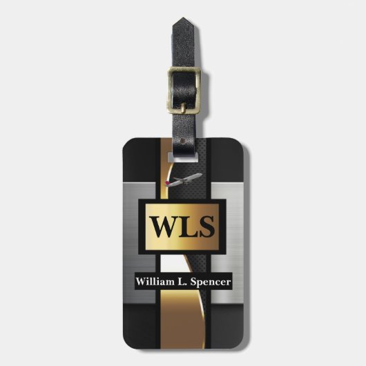Faux Metal Gold Black Gray Monogram Bagagelabel (Voorkant verticaal)