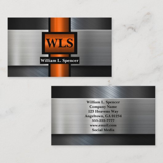 Faux Metal Grey Black Oranje Monogram Visitekaartje (Voorkant / Achterkant)