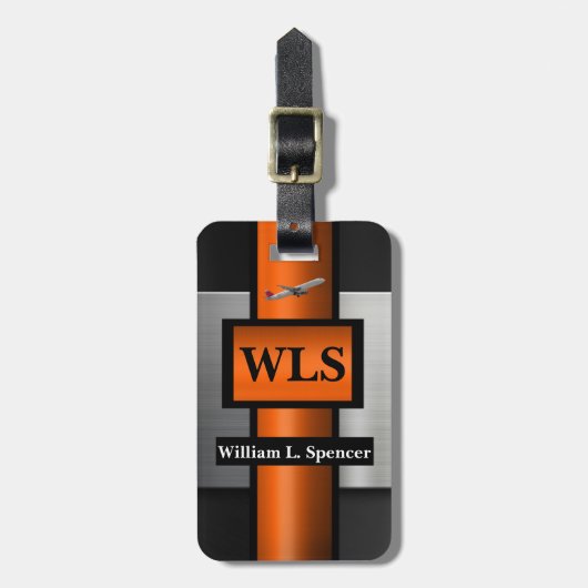 Faux Metal Oranje Black Grey Monogram Bagagelabel (Voorkant verticaal)