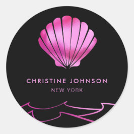 Faux metallic effect neon roze zeeschelp logo ronde sticker
