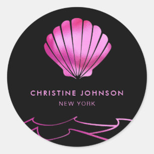 Faux metallic effect neon roze zeeschelp logo ronde sticker