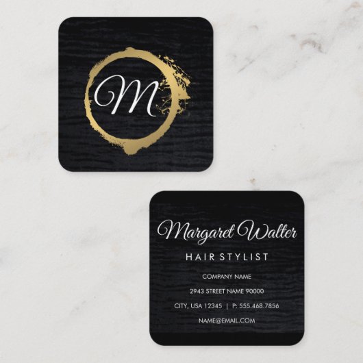 Faux Metallic Gold Velvet Black met monogram Vierkante Visitekaartje (Voorkant / Achterkant)