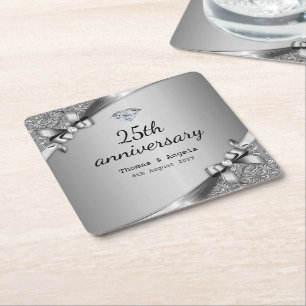 Faux Metallic Silver Diamond 25th Jubileum Glam Kartonnen Onderzetters