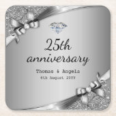 Faux Metallic Silver Diamond 25th Jubileum Glam Kartonnen Onderzetters (Voorkant)