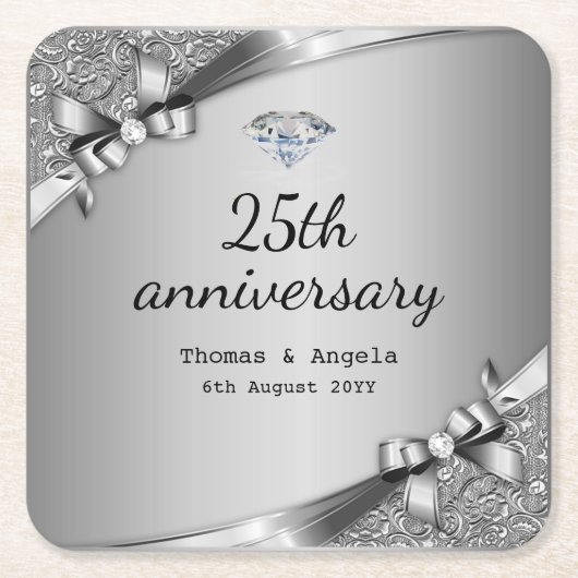 Faux Metallic Silver Diamond 25th Jubileum Glam Kartonnen Onderzetters (Voorkant)