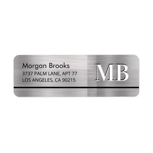 Faux Metallic Silver Name Address & Large Monogram Etiket (Voorkant)