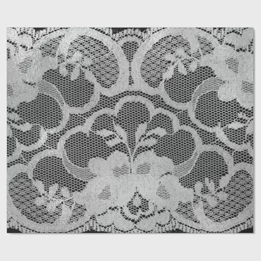 Faux Metallic Zwart Grijs Bruids Bloemen Kant Wit Cadeaupapier (Vlak)