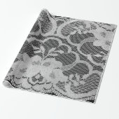 Faux Metallic Zwart Grijs Bruids Bloemen Kant Wit Cadeaupapier (Uitgerold)