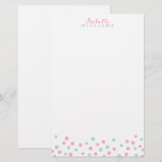 Faux Mint en Roze Glitter Confetti Stippen Briefpapier (Voorkant / Achterkant)