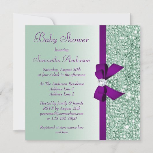 Faux Mint Sequins Paars Bow Baby shower Kaart (Achterkant)