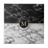 Faux Monogram Black en White Marble Ceramic Tegel Tegeltje (Voorkant)