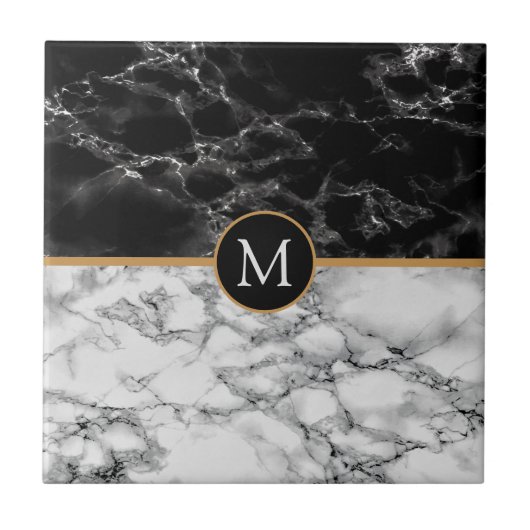 Faux Monogram Black en White Marble Ceramic Tegel Tegeltje (Voorkant)