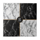 Faux Monogram Black White Check Marble Tegeltje (Voorkant)