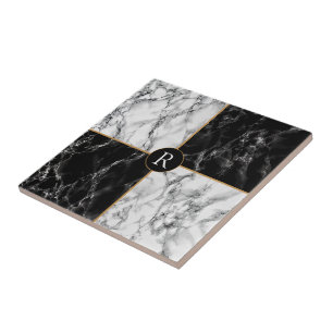 Faux Monogram Black White Check Marble Tegeltje